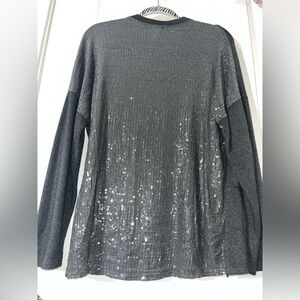 Tempo Paris Italy Women’s V-neck Clear Sequin Back Gray Fuzzy Sweater Pocket Sm